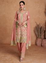 Real Chinnon Peach Pink Wedding Wear Embroidery Work Readymade Salwar Suit